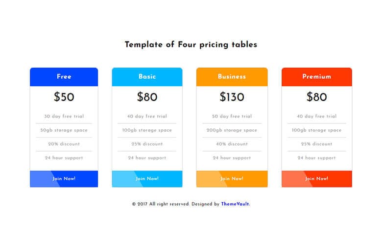 Responsive Four Pricing Table Free Template