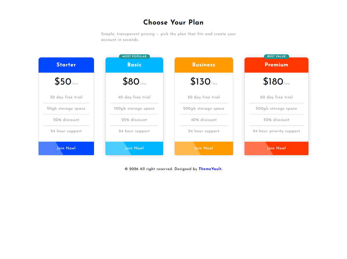 Four Pricing Table Template