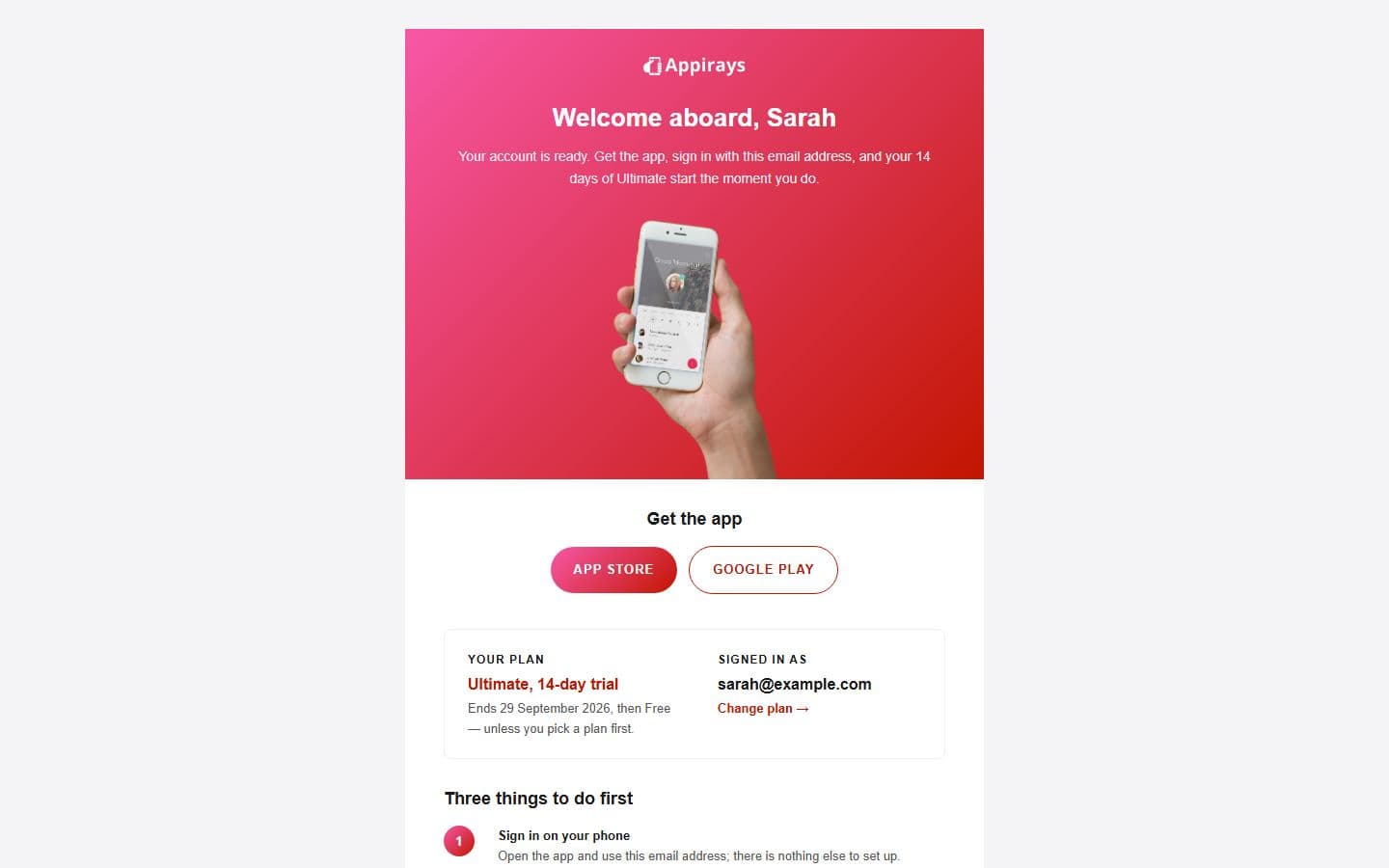 Appirays Email: welcome page