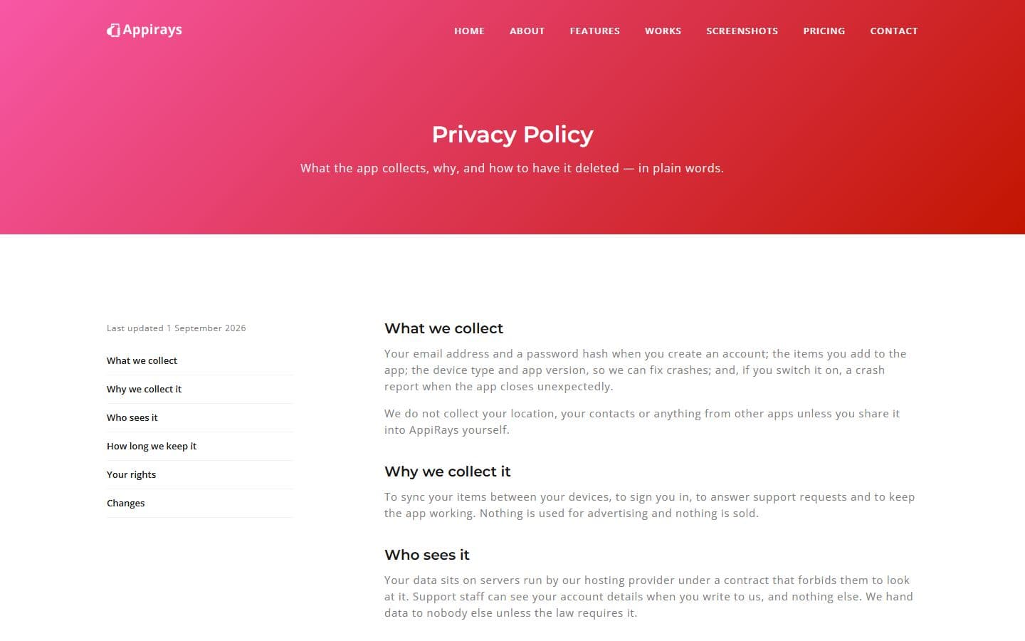 Appirays Privacy page