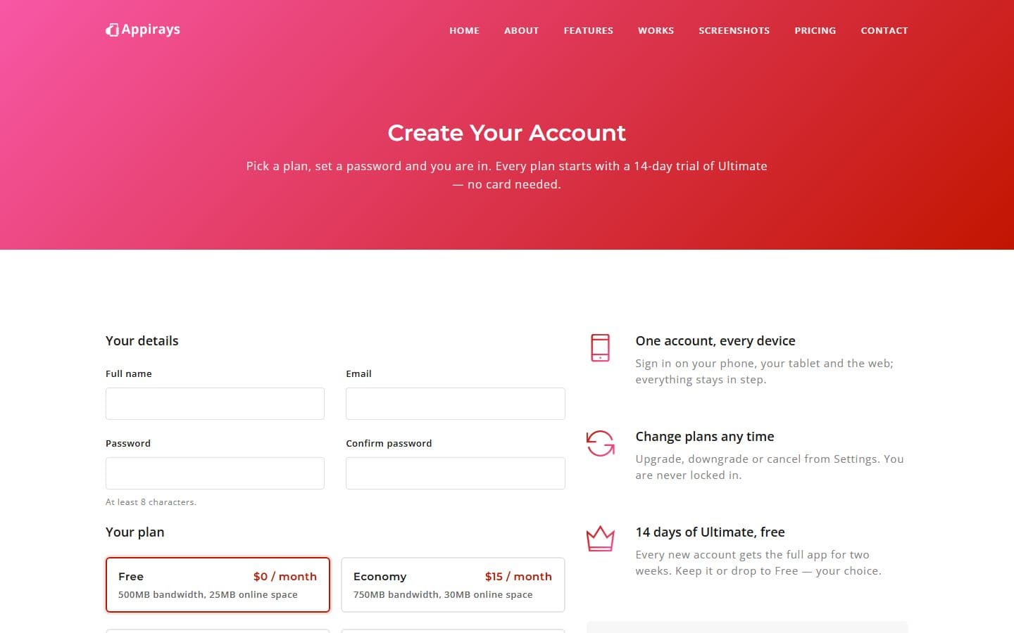 Appirays Signup page