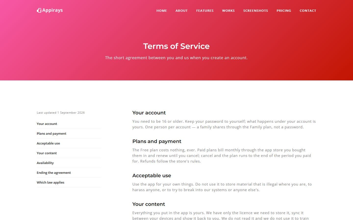 Appirays Terms page