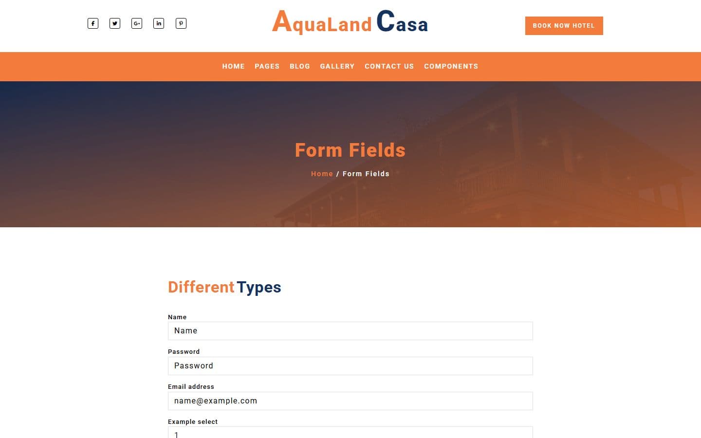 AquaLand Casa Form fields page