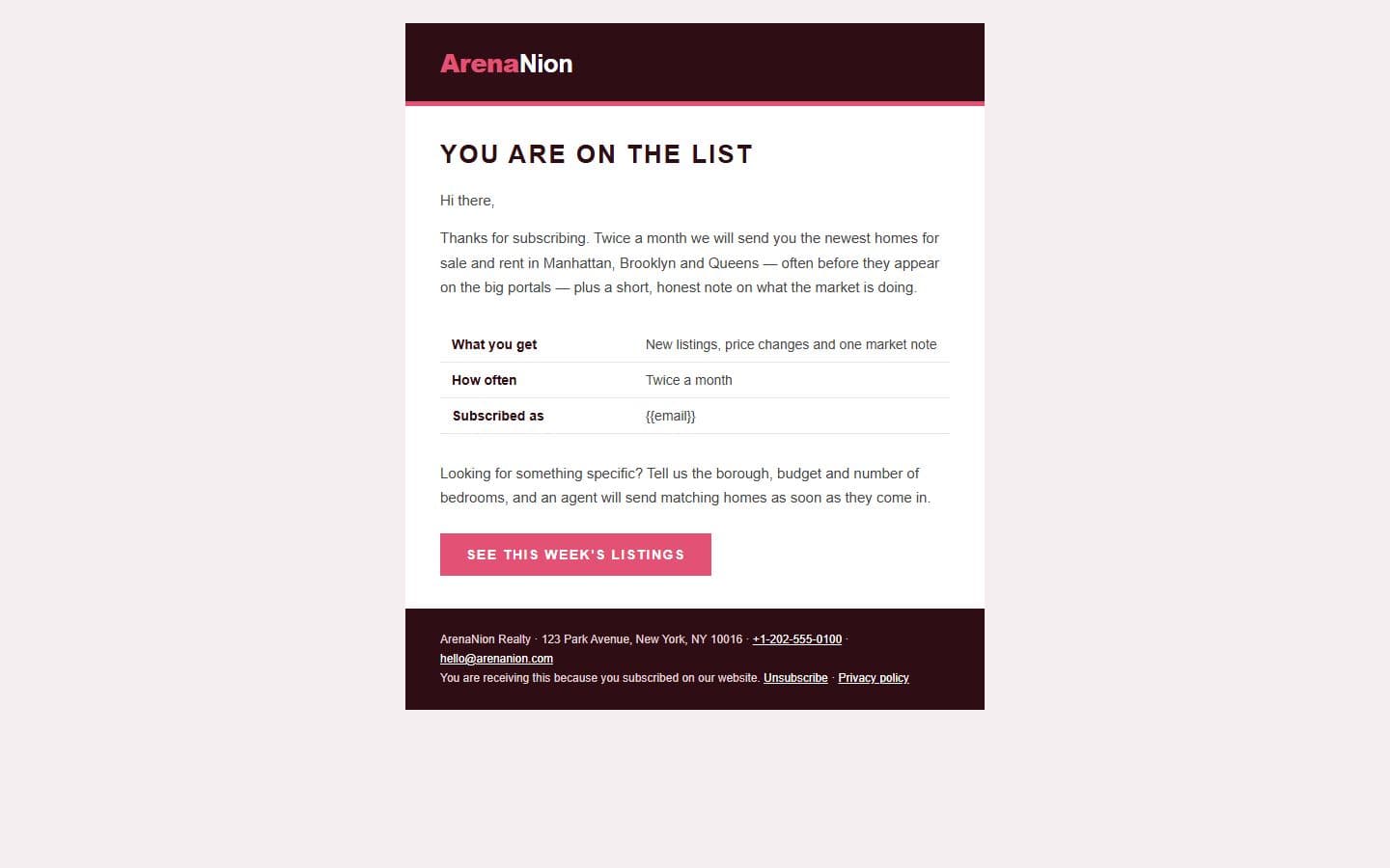 Arenanion Email: newsletter page