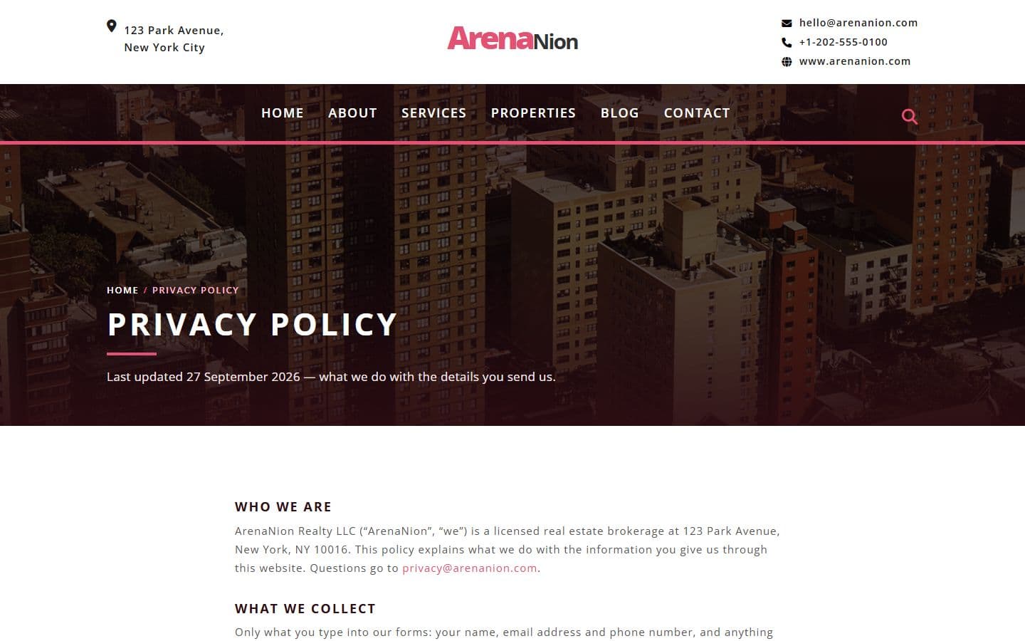 Arenanion Privacy page