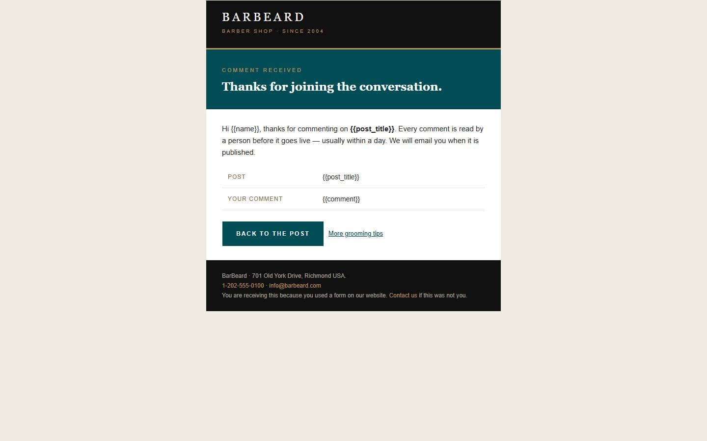 Barbeard Email: comment received page