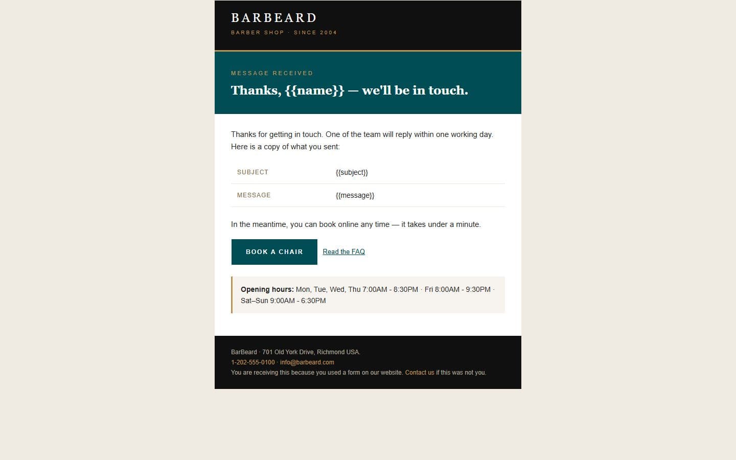 Barbeard Email: contact reply page