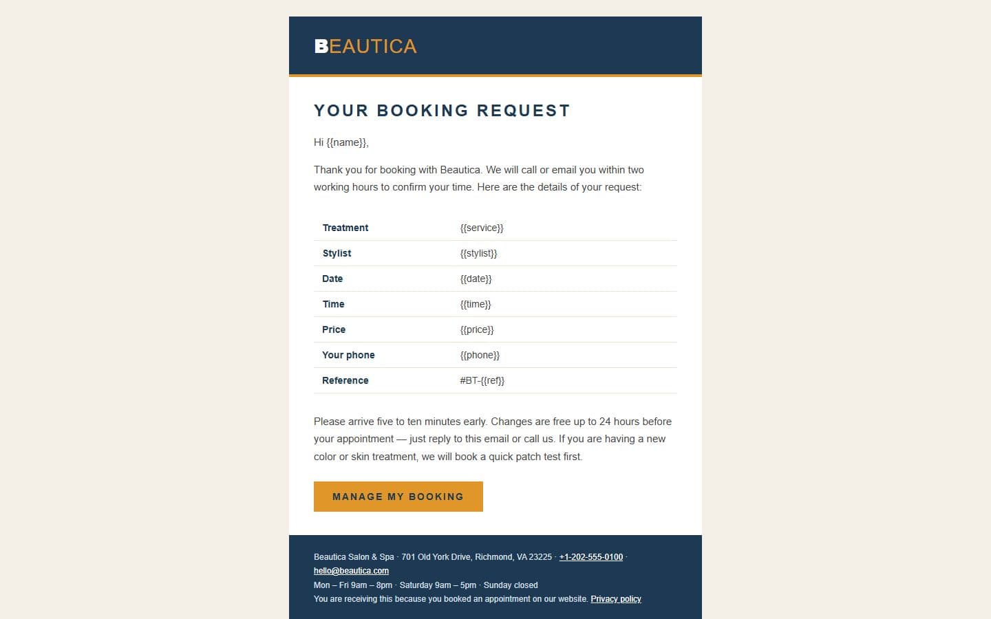 Beautica Email: booking page
