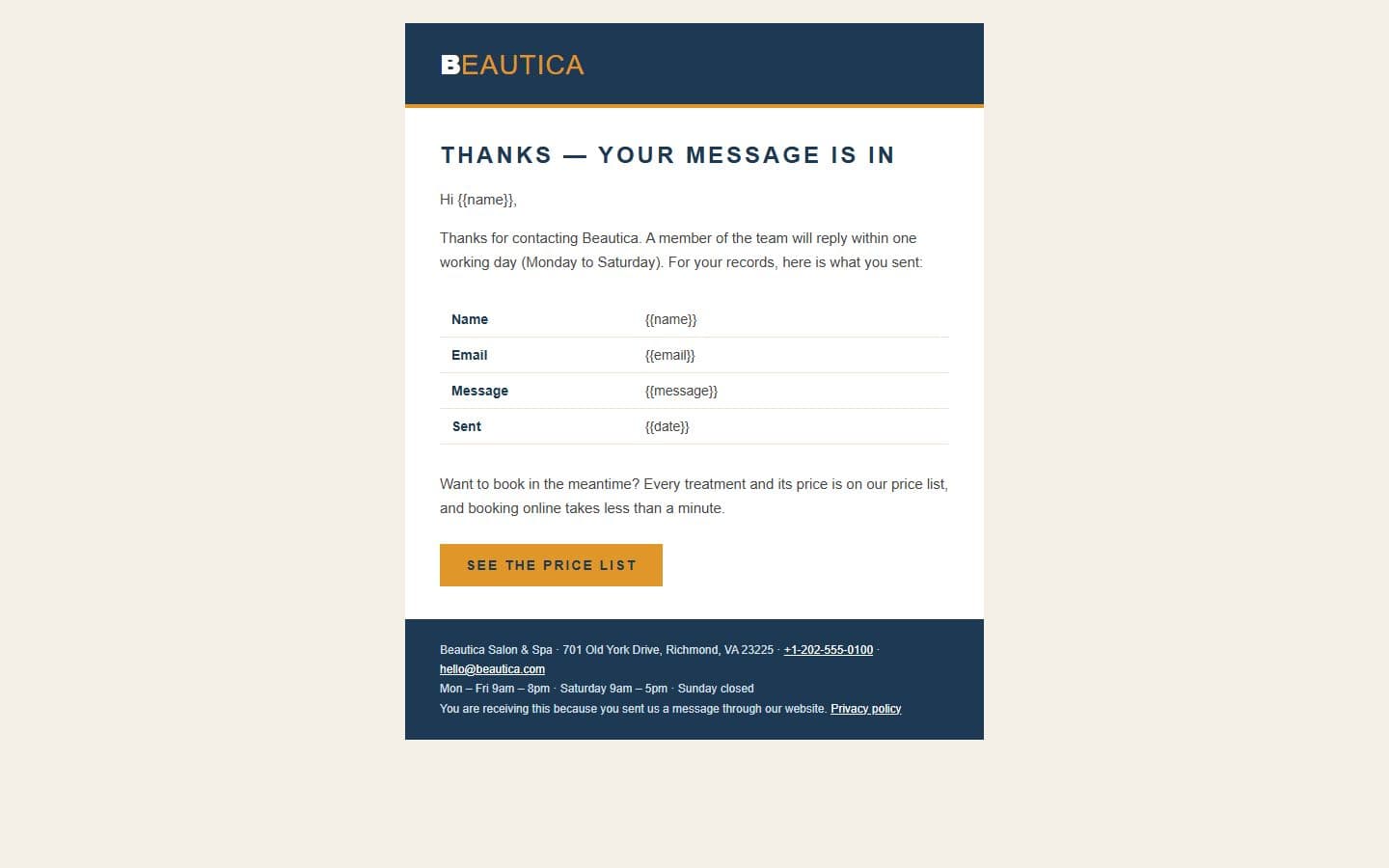 Beautica Email: contact page
