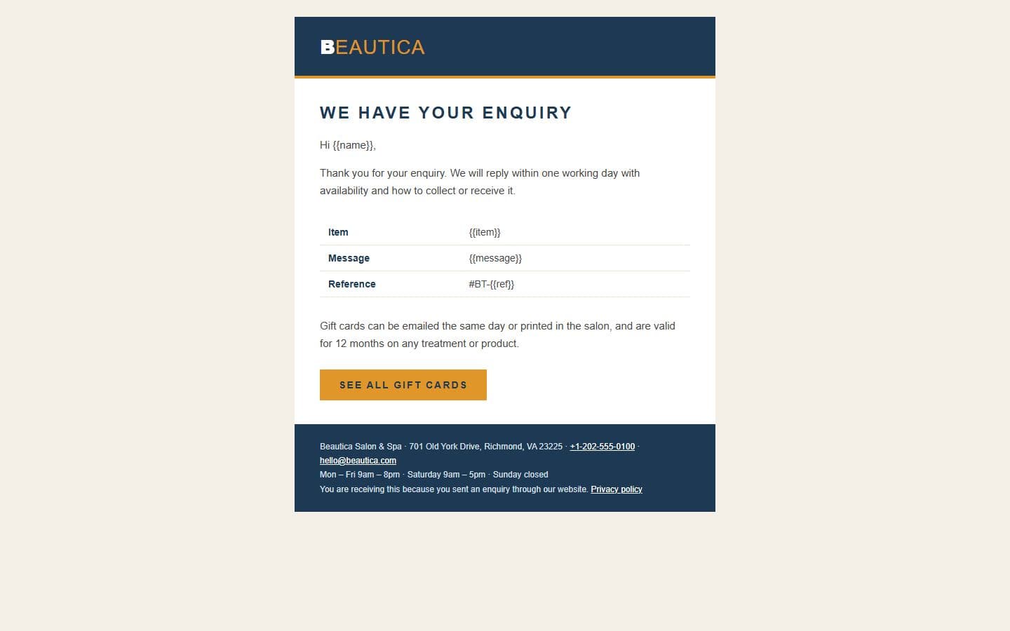 Beautica Email: enquiry page