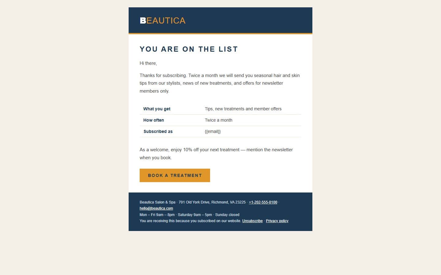 Beautica Email: newsletter page