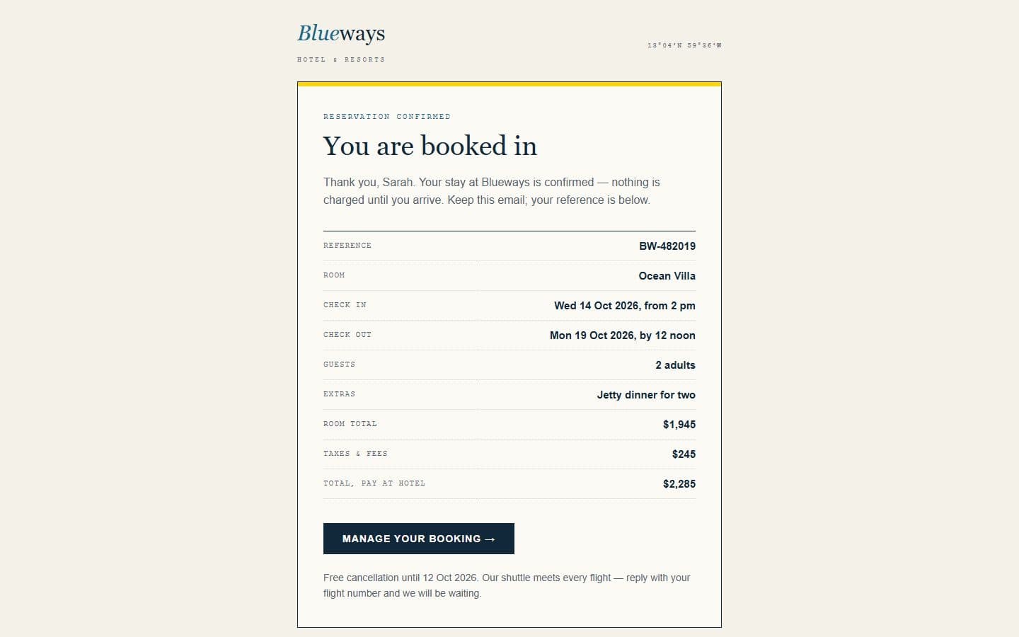 Blueways Email: booking page