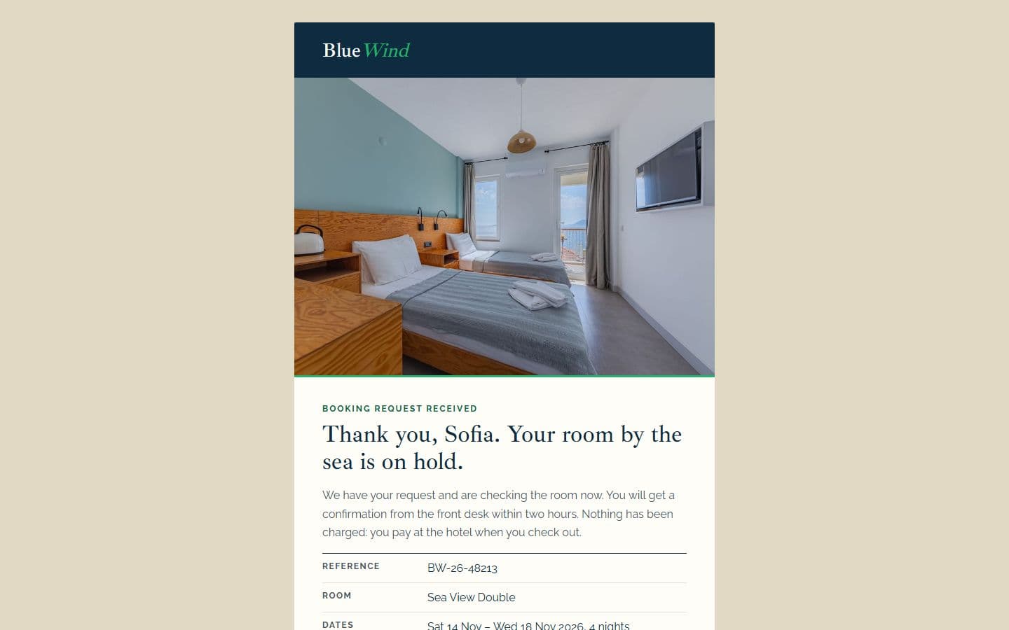 BlueWind Email: booking page
