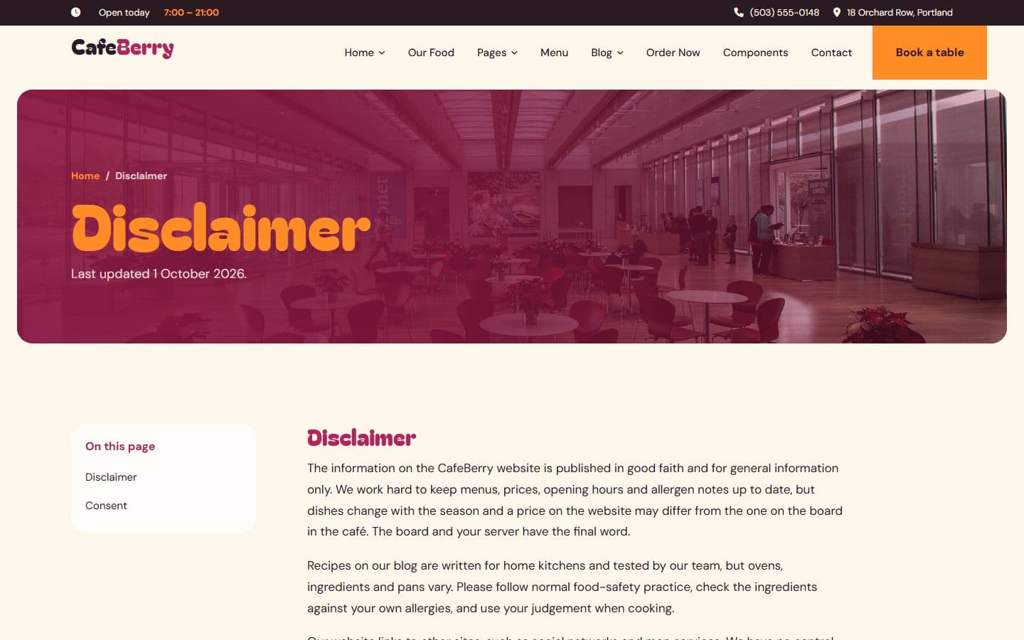 CafeBerry Disclaimer page