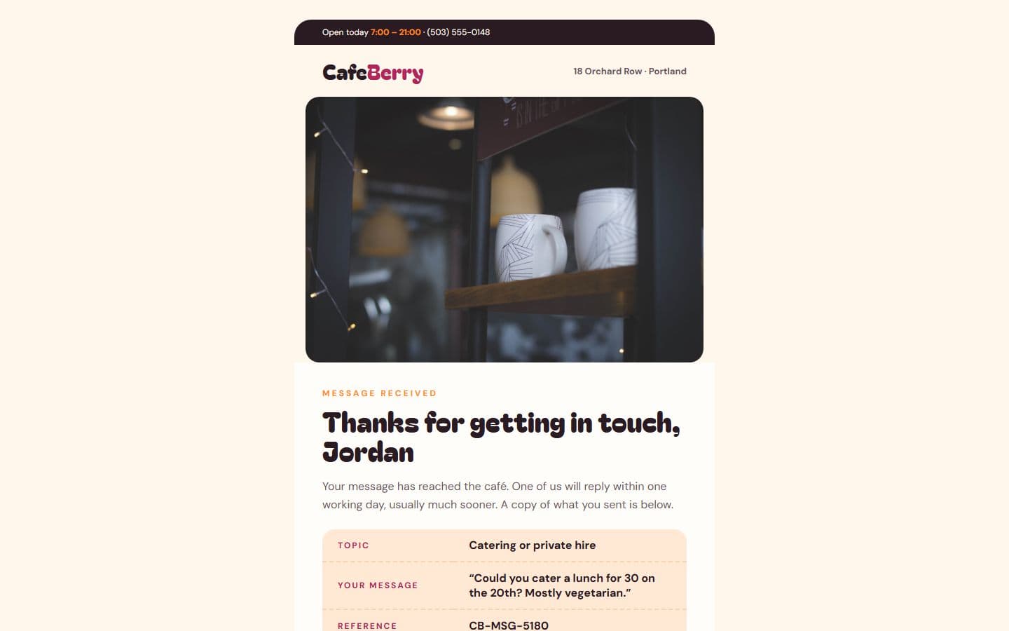 CafeBerry Email: contact reply page