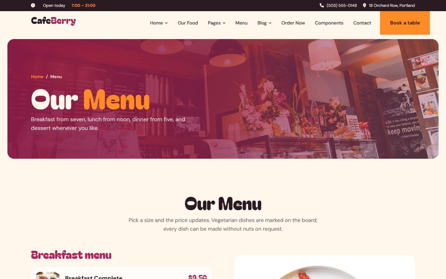 CafeBerry Menu page