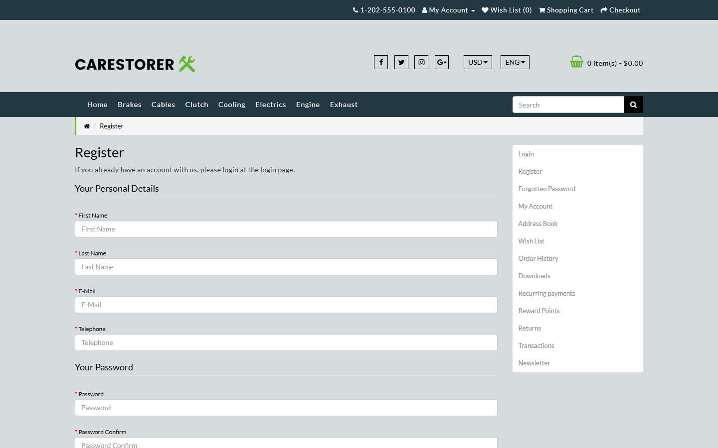 Carestorer Register page