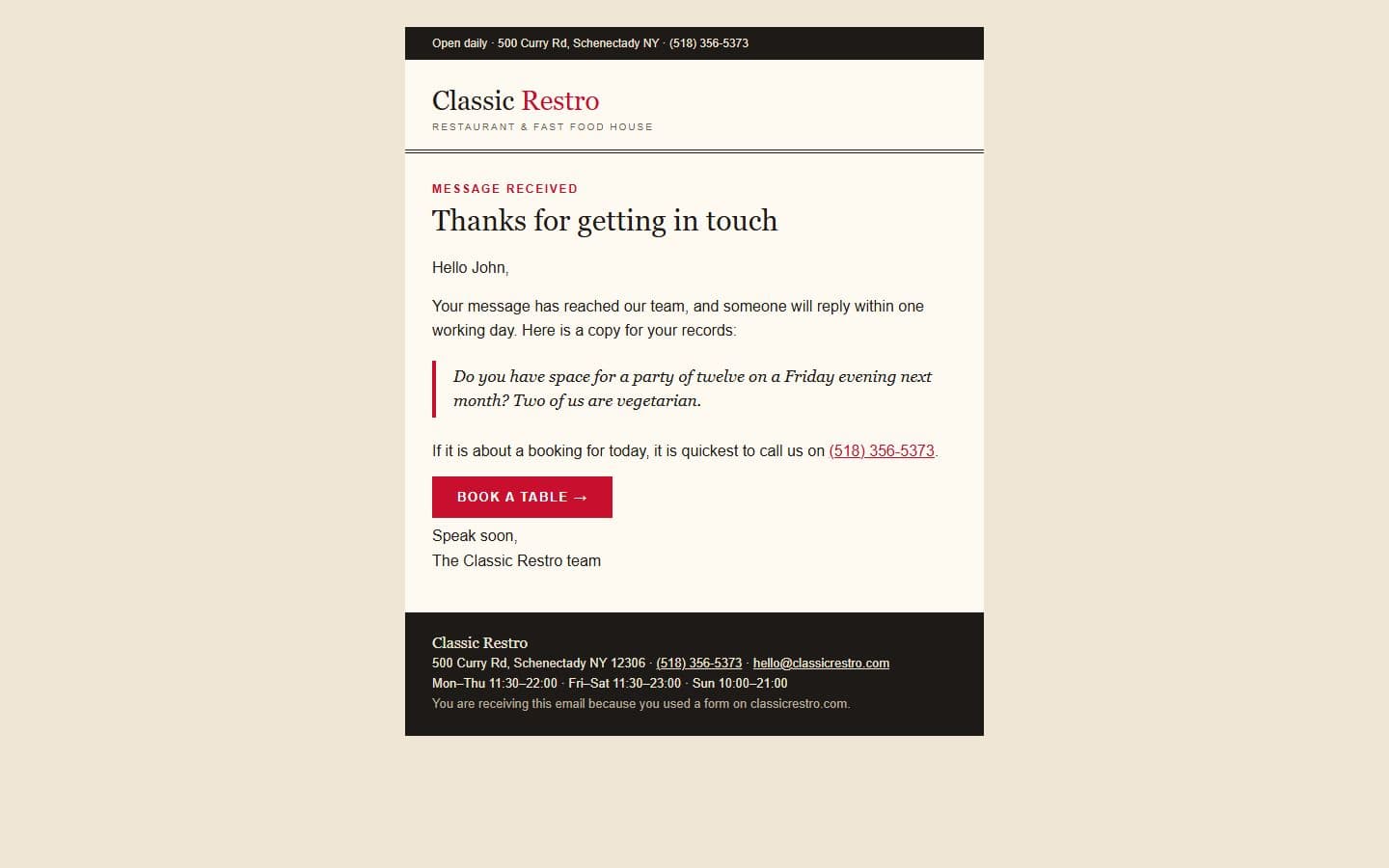 ClassicRestro Email: contact reply page