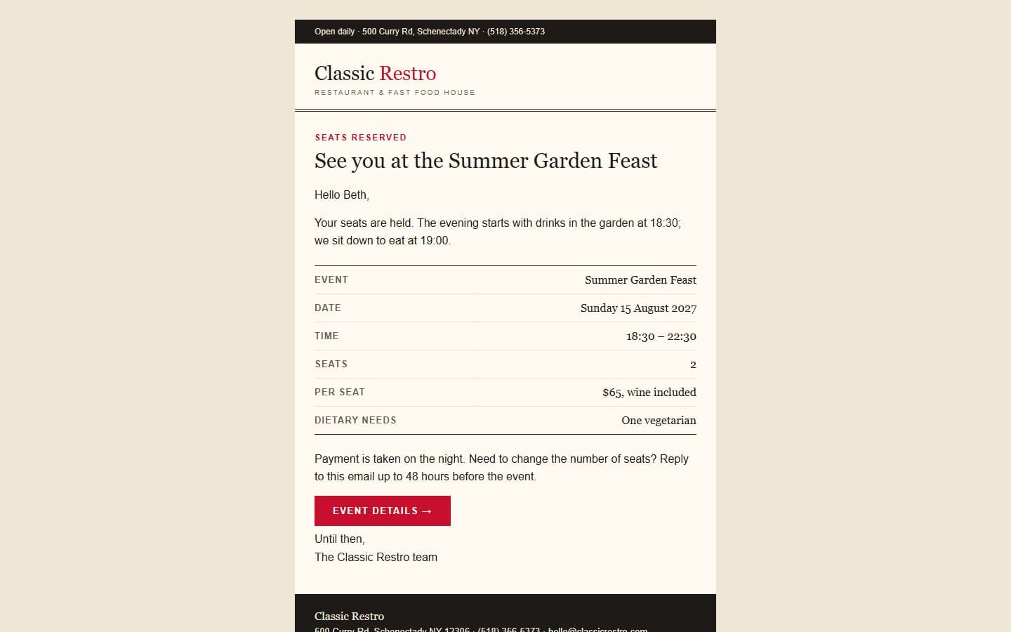 ClassicRestro Email: event seats page