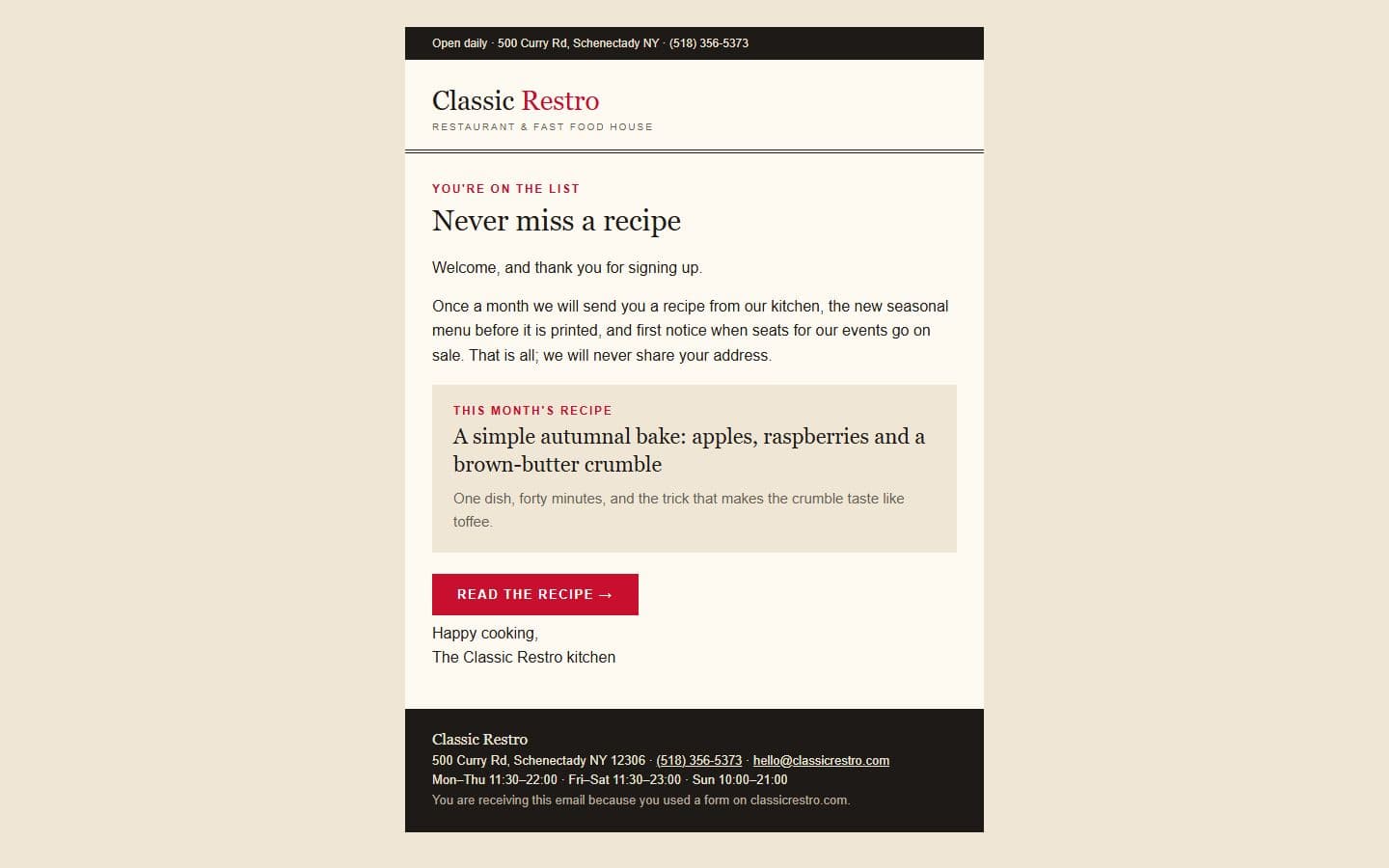 ClassicRestro Email: newsletter page