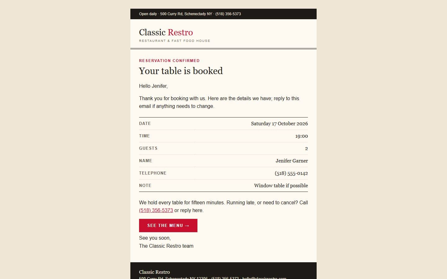 ClassicRestro Email: reservation page