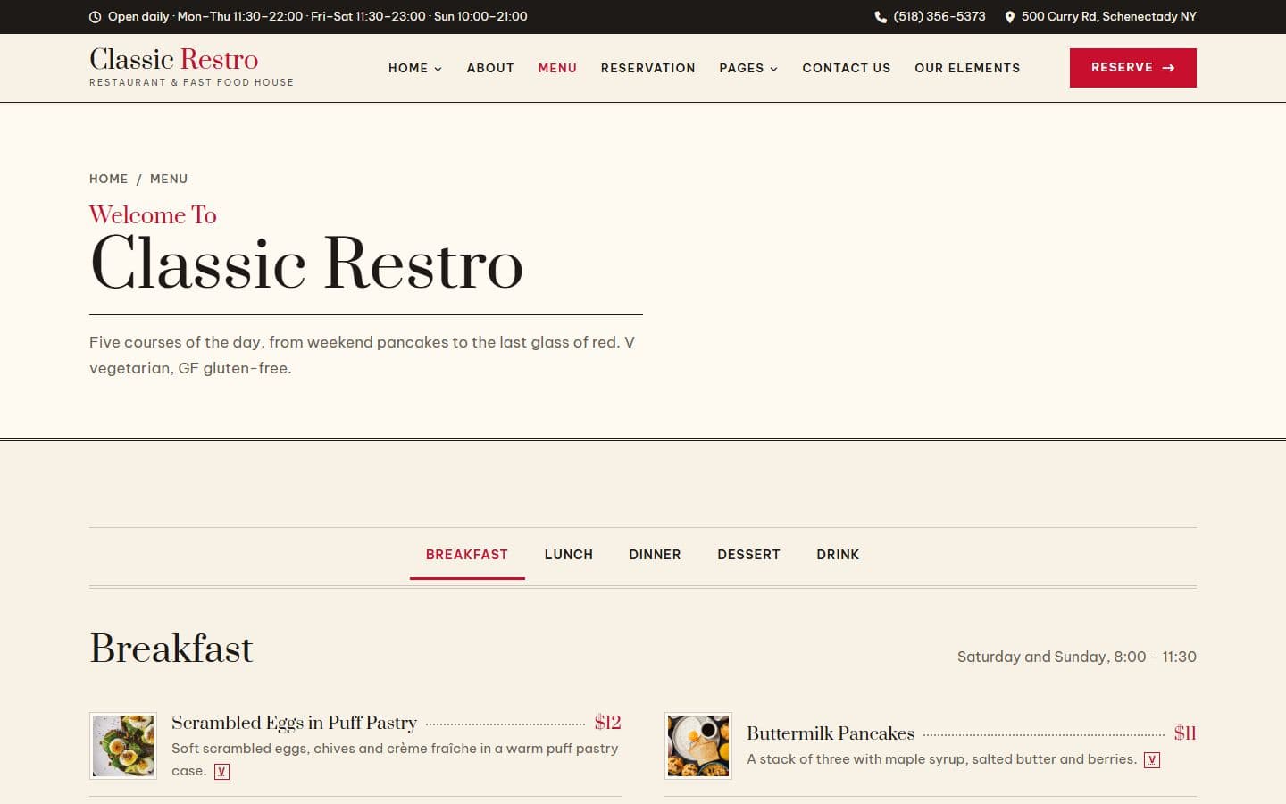 ClassicRestro Menu page