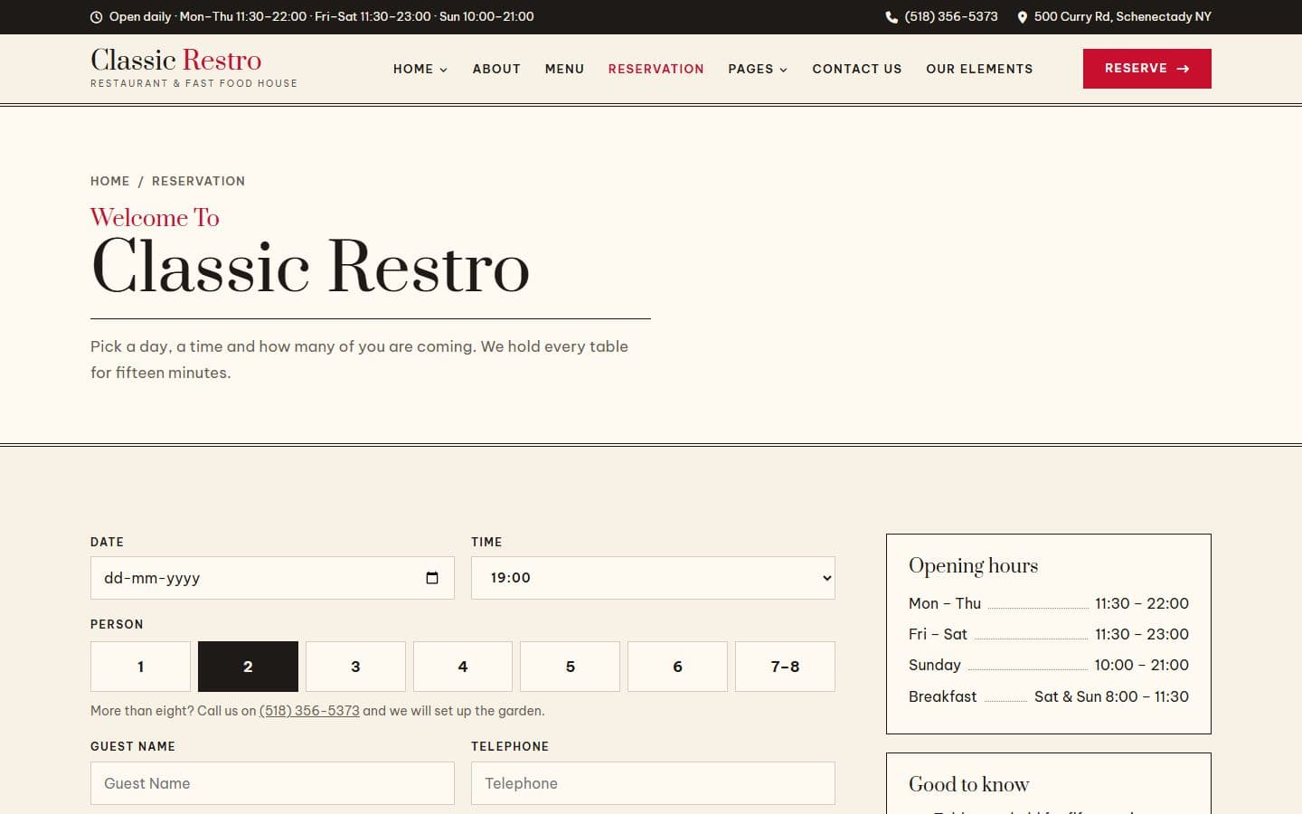 ClassicRestro Reservation page