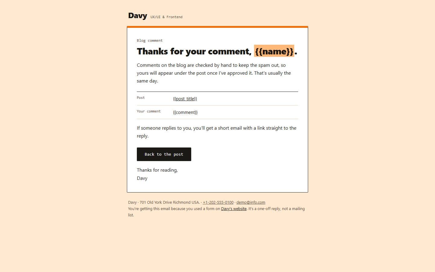 Davy-Del Email: comment received page
