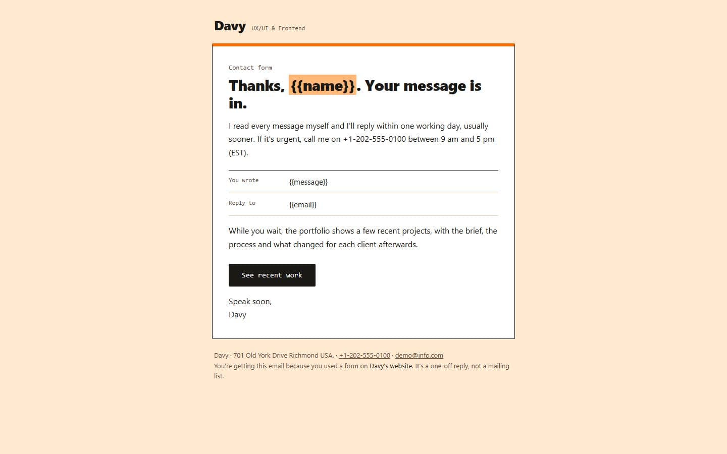 Davy-Del Email: contact reply page