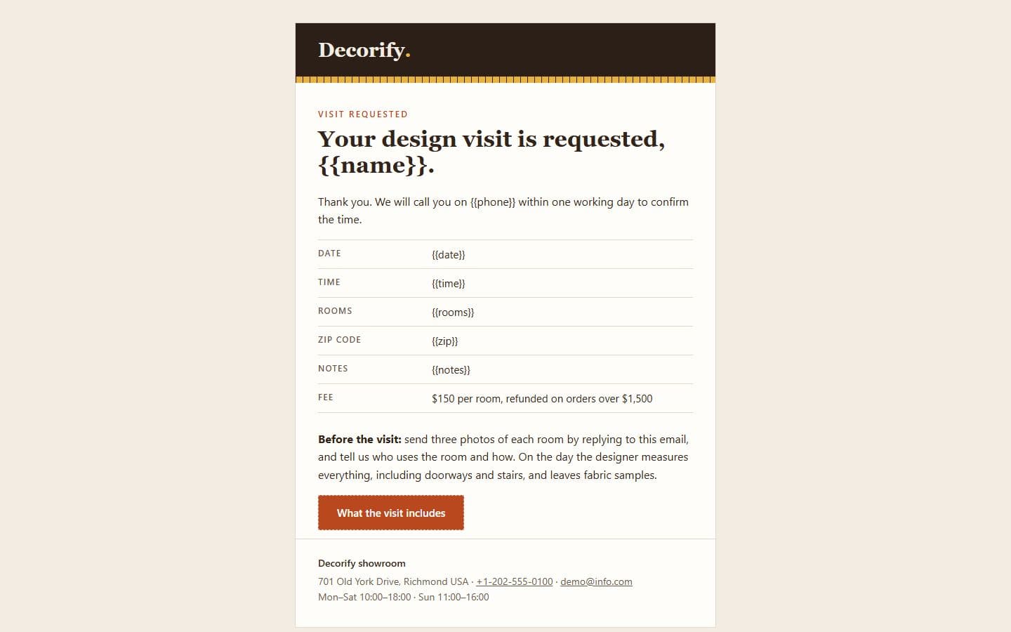 Decorify Email: booking page