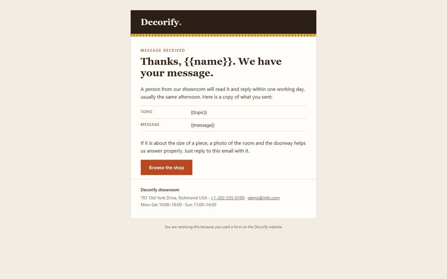 Decorify Email: contact reply page