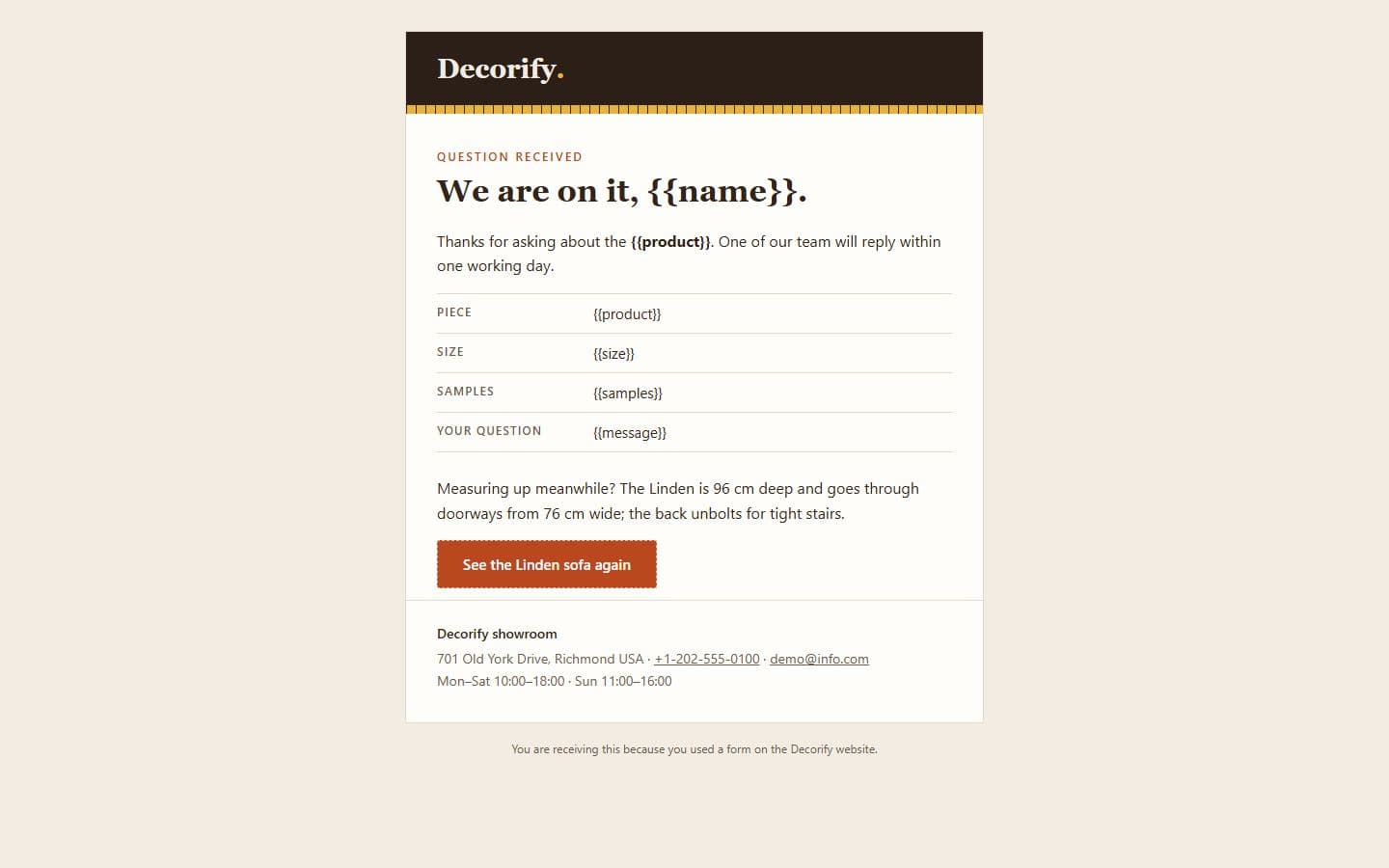 Decorify Email: enquiry page