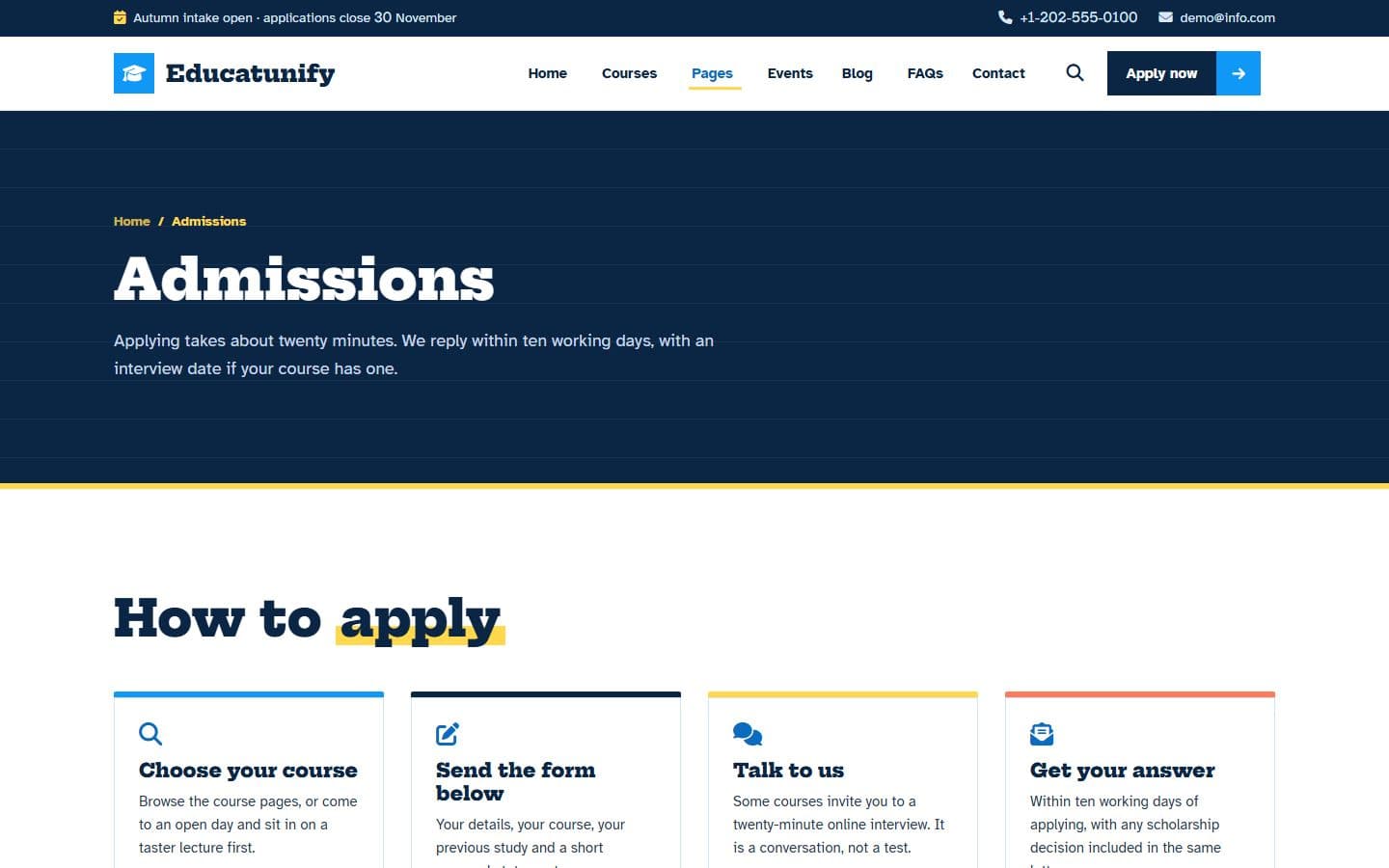 Educatunify Admissions page