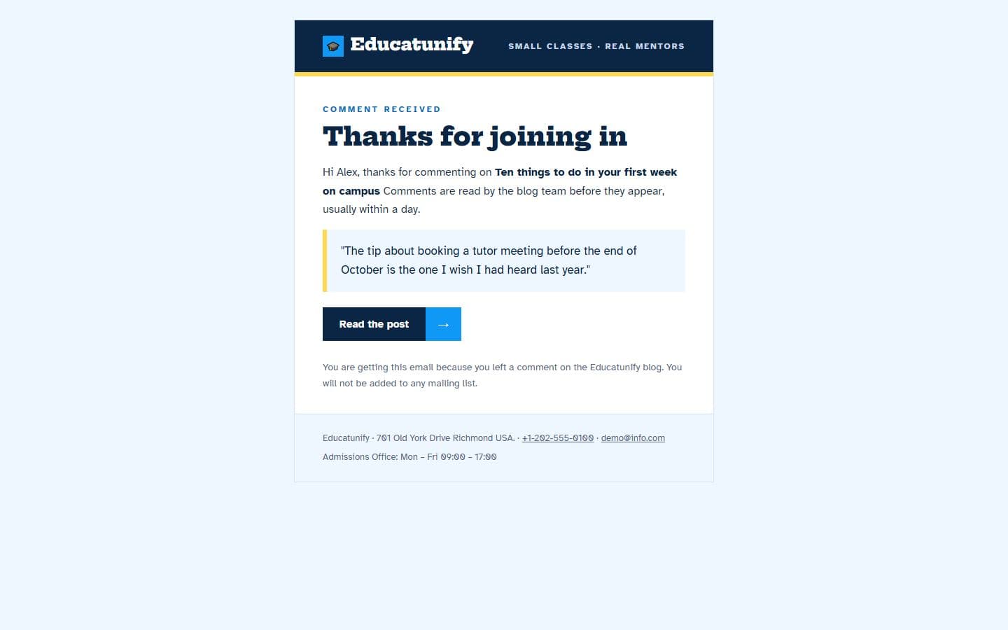 Educatunify Email: comment page