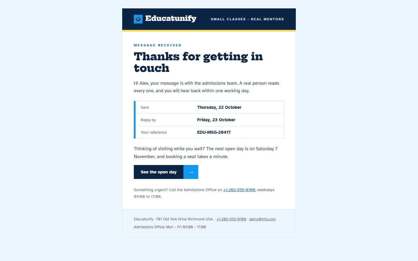 Educatunify Email: contact reply page