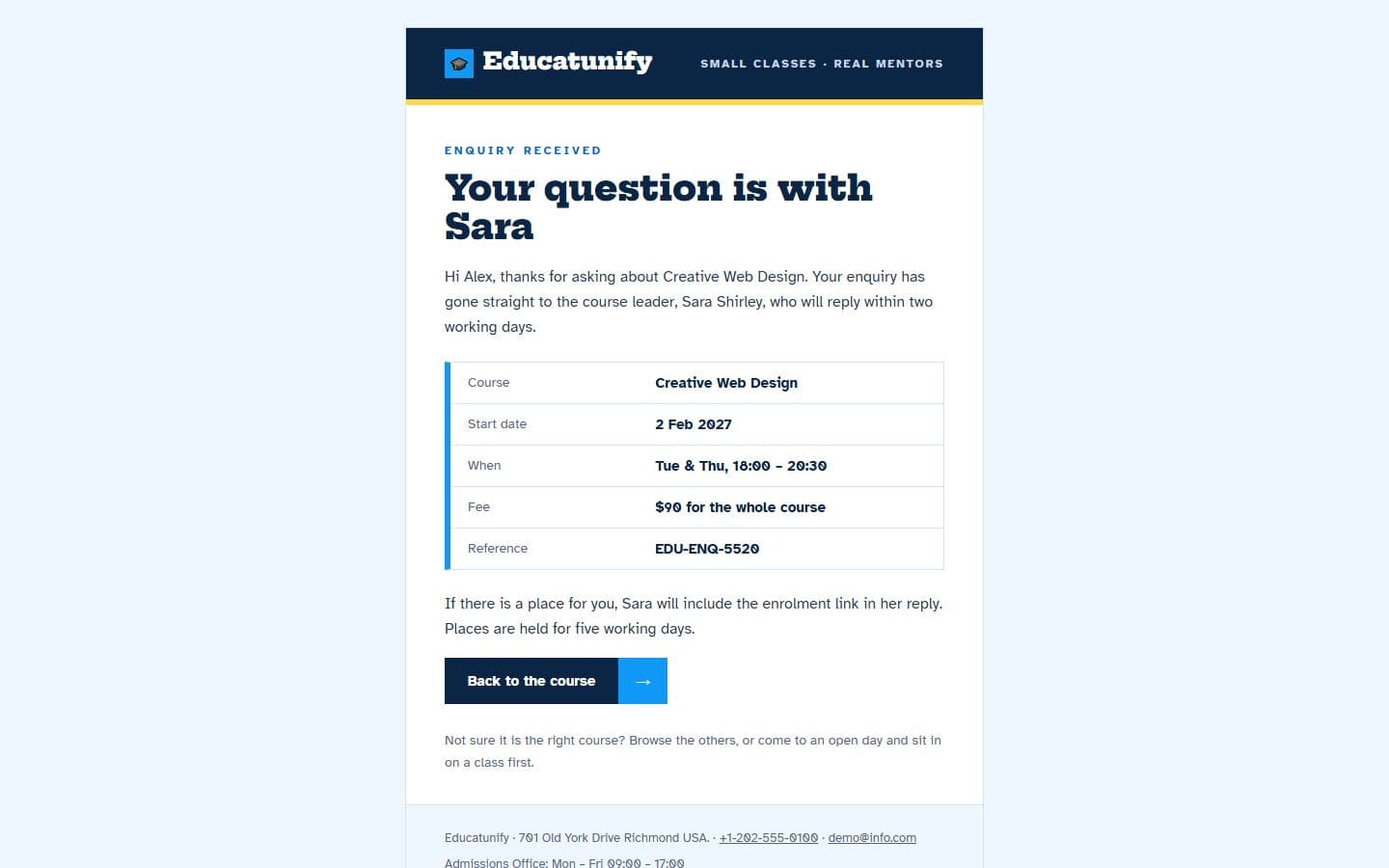 Educatunify Email: course enquiry page