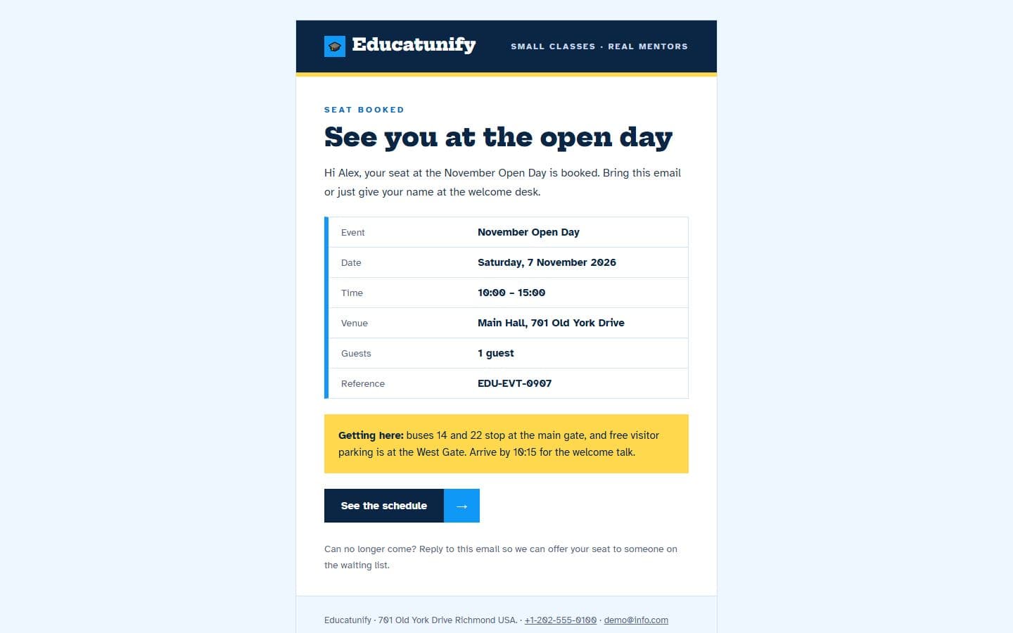 Educatunify Email: event seat page