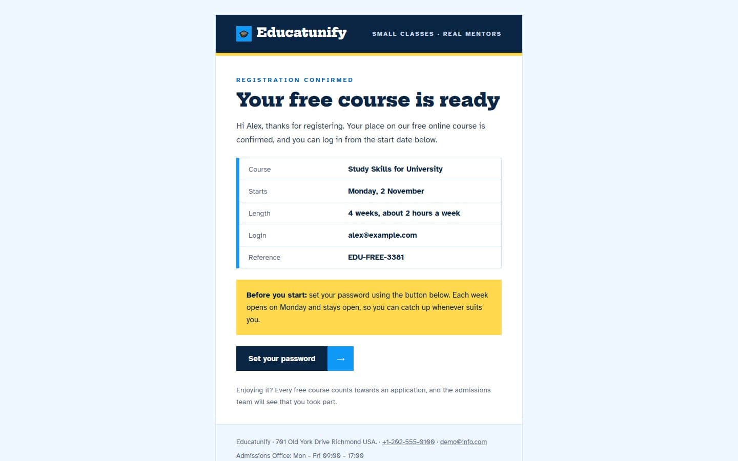 Educatunify Email: free course page