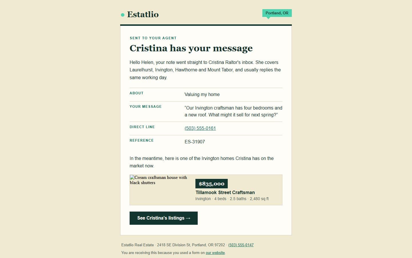 Estatlio Email: agent reply page