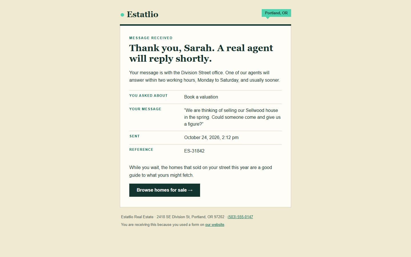 Estatlio Email: contact reply page