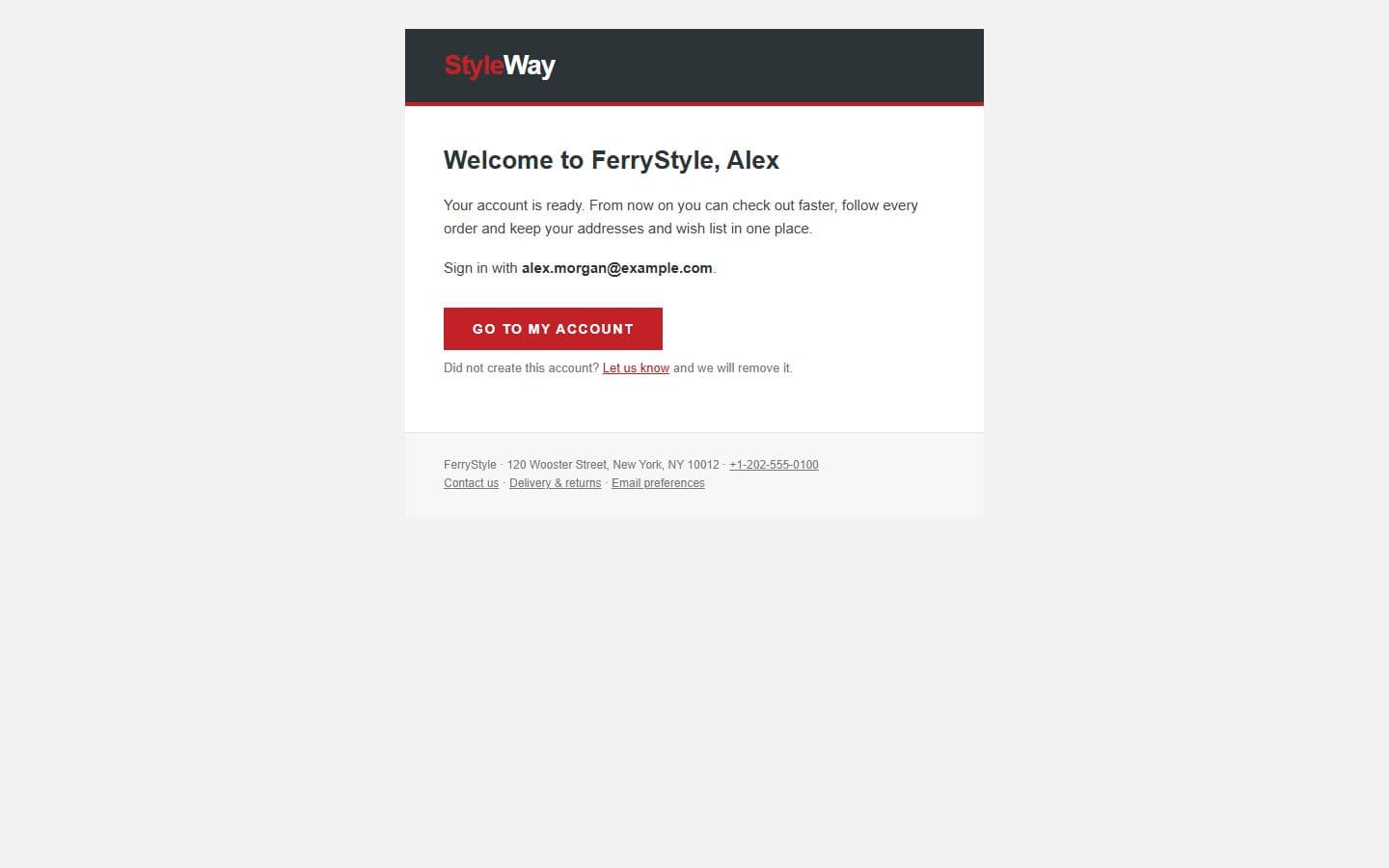 FerryStyle Email: account welcome page