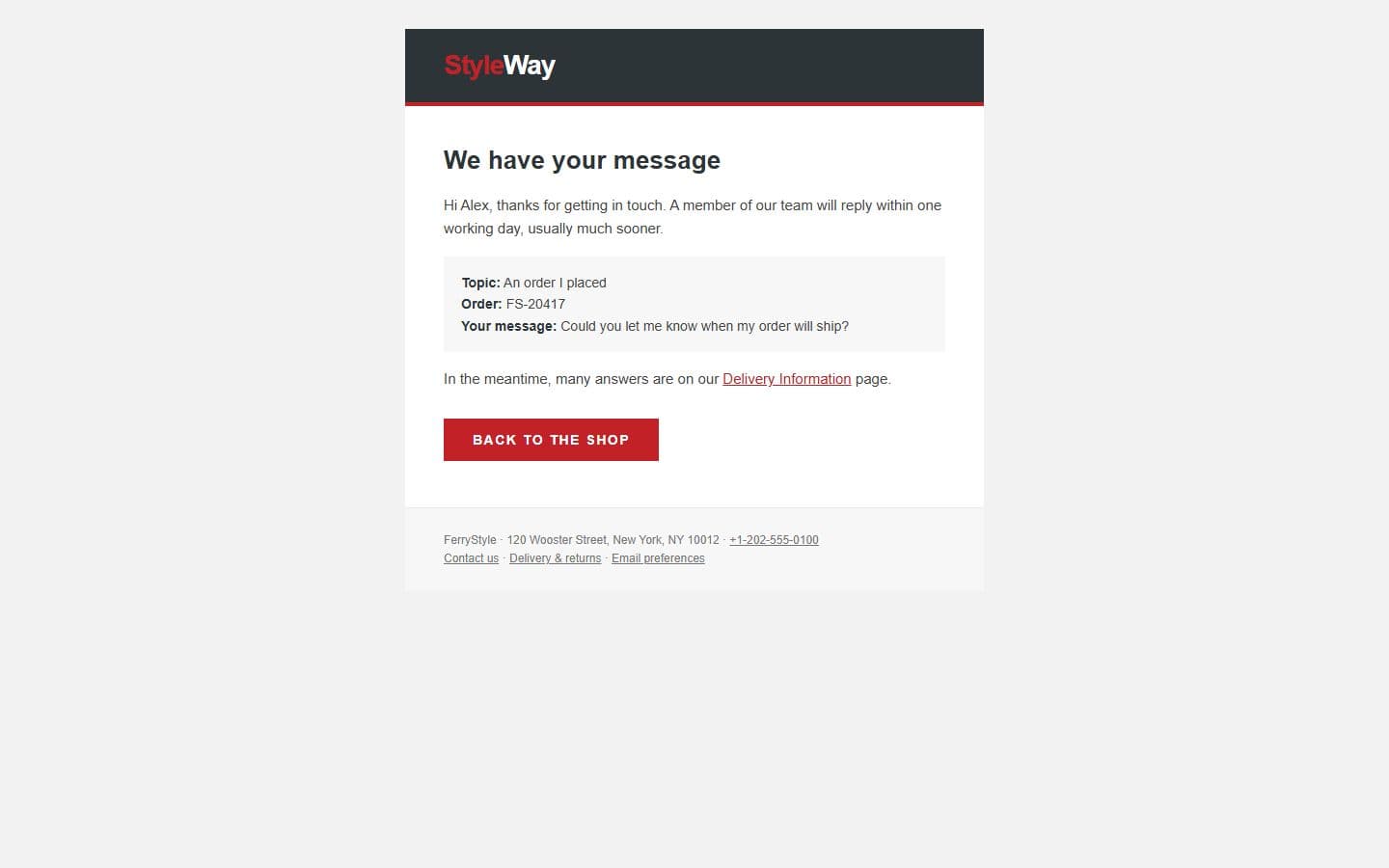 FerryStyle Email: contact reply page