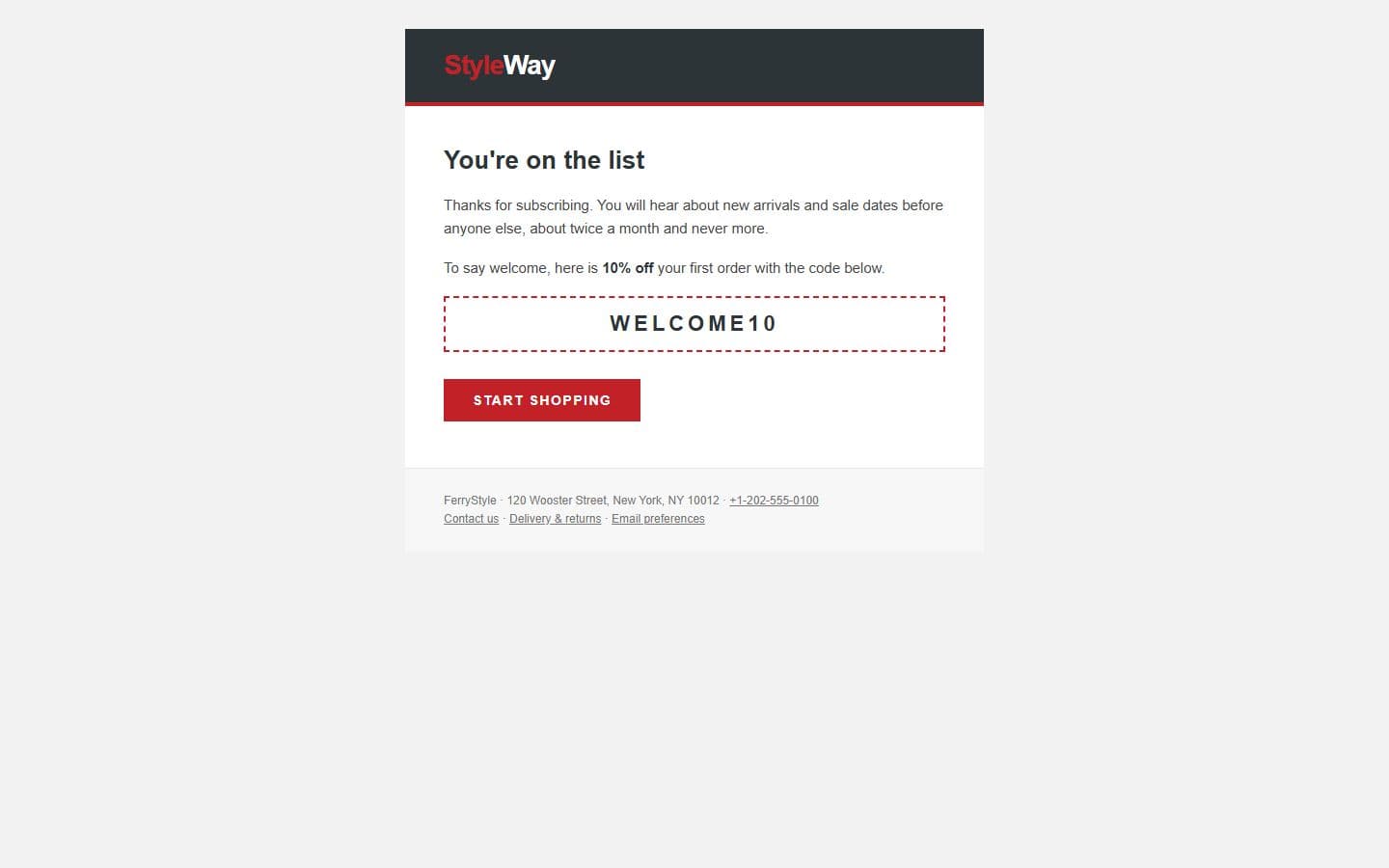 FerryStyle Email: newsletter welcome page