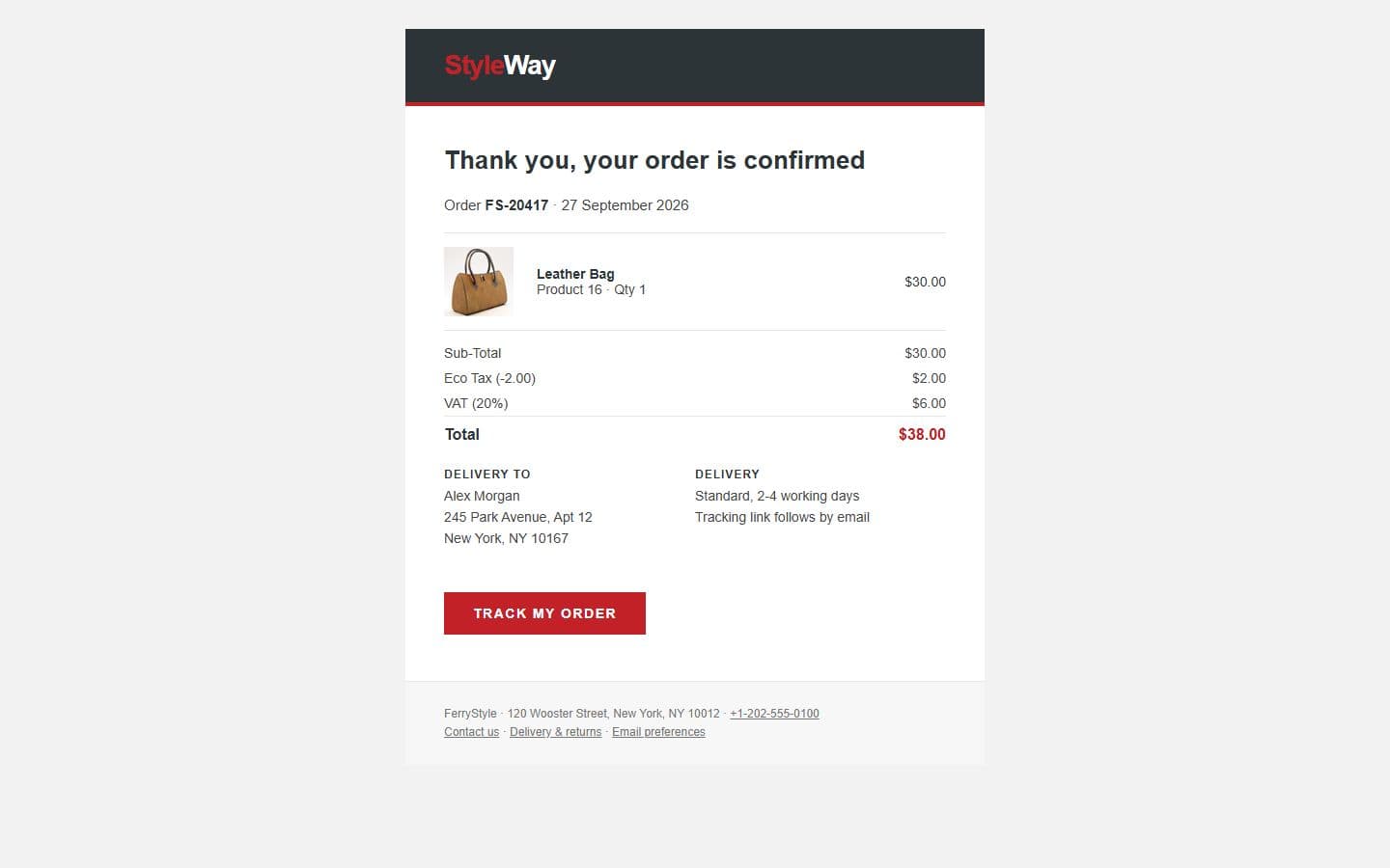 FerryStyle Email: order confirmation page