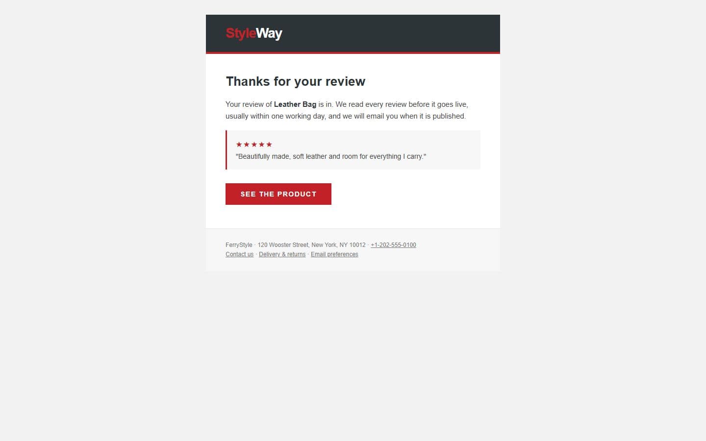 FerryStyle Email: review received page