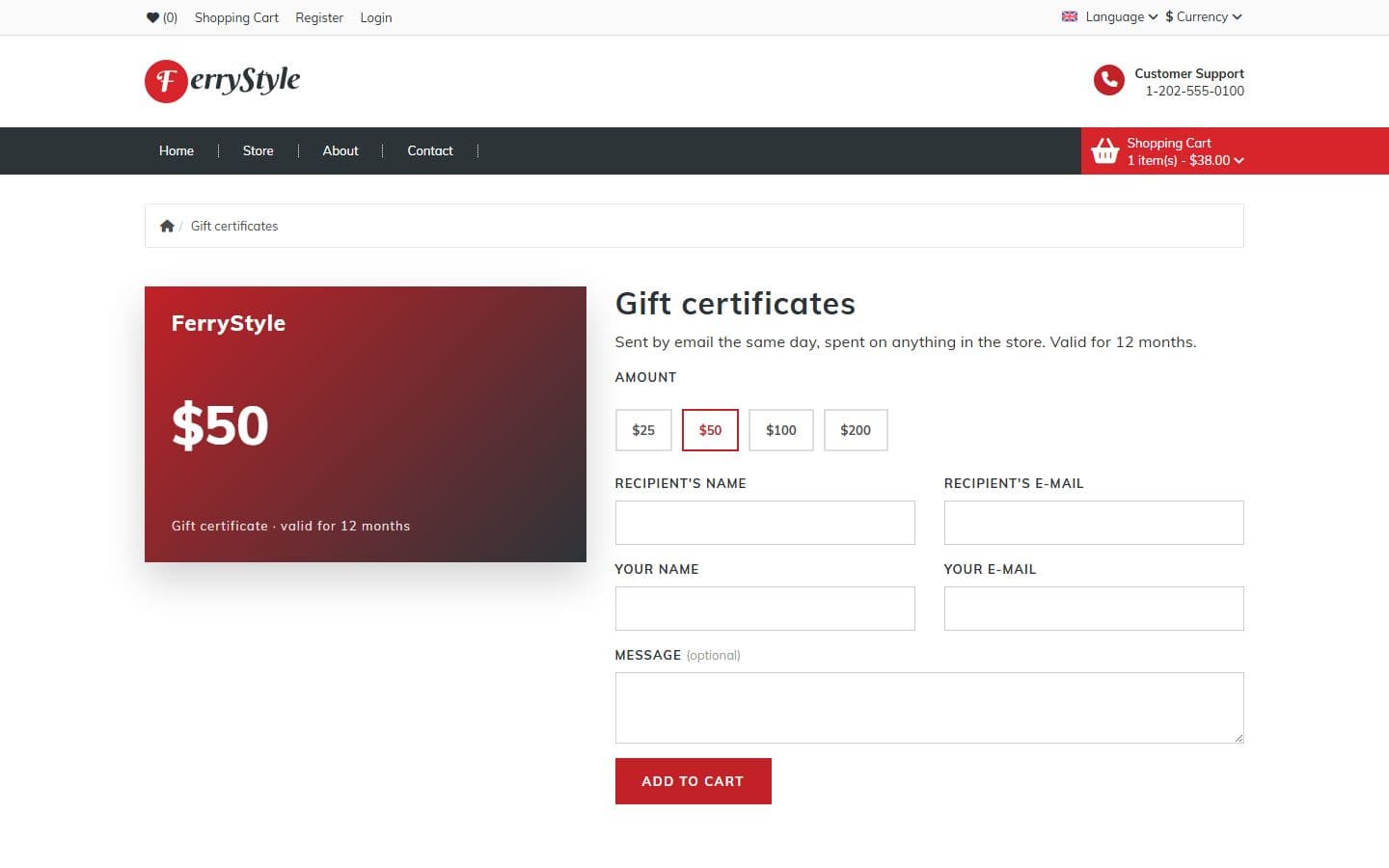 FerryStyle Gift certificates page