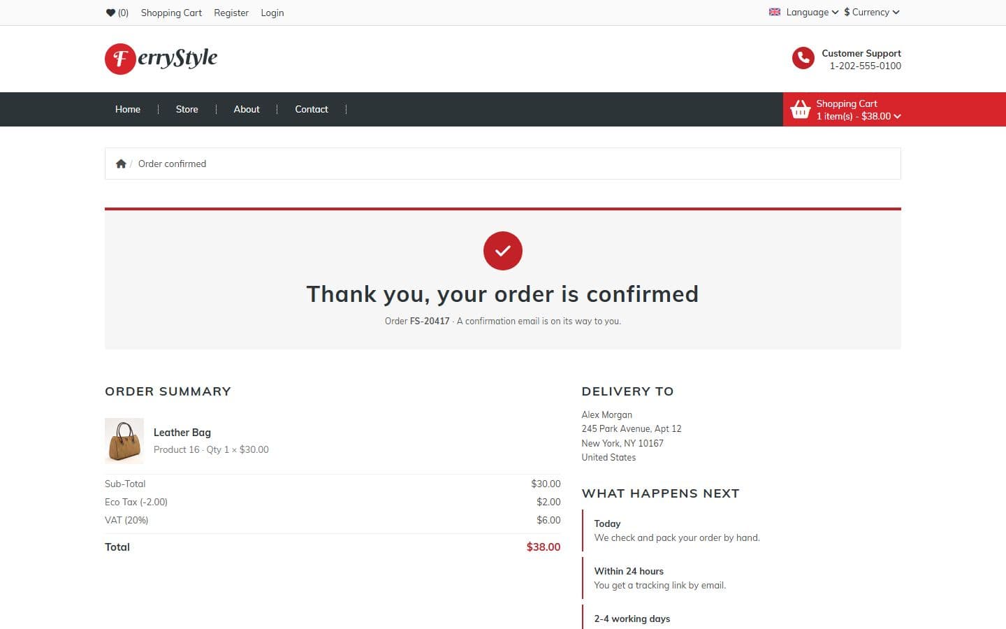 FerryStyle Order confirmation page