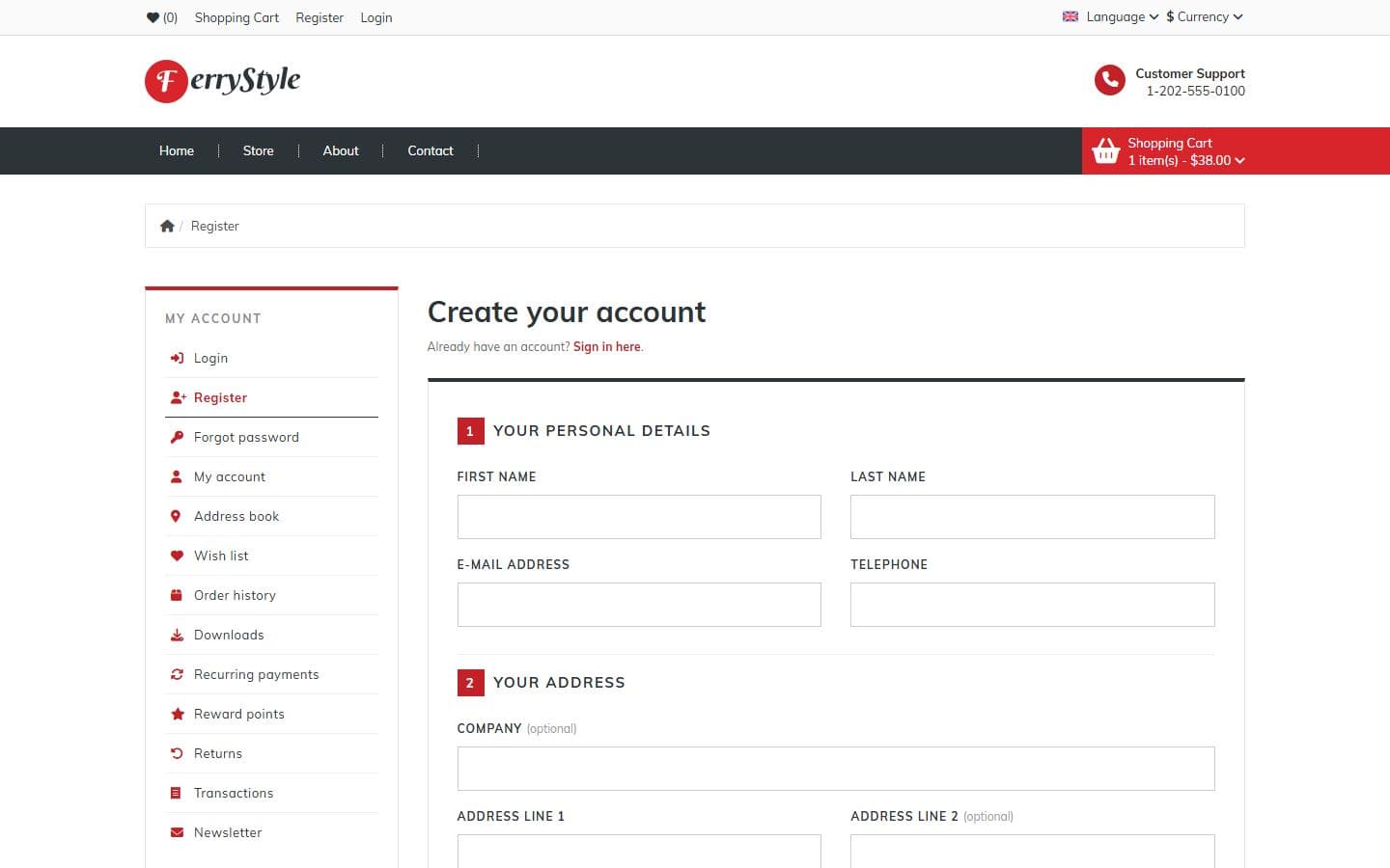 FerryStyle Register page