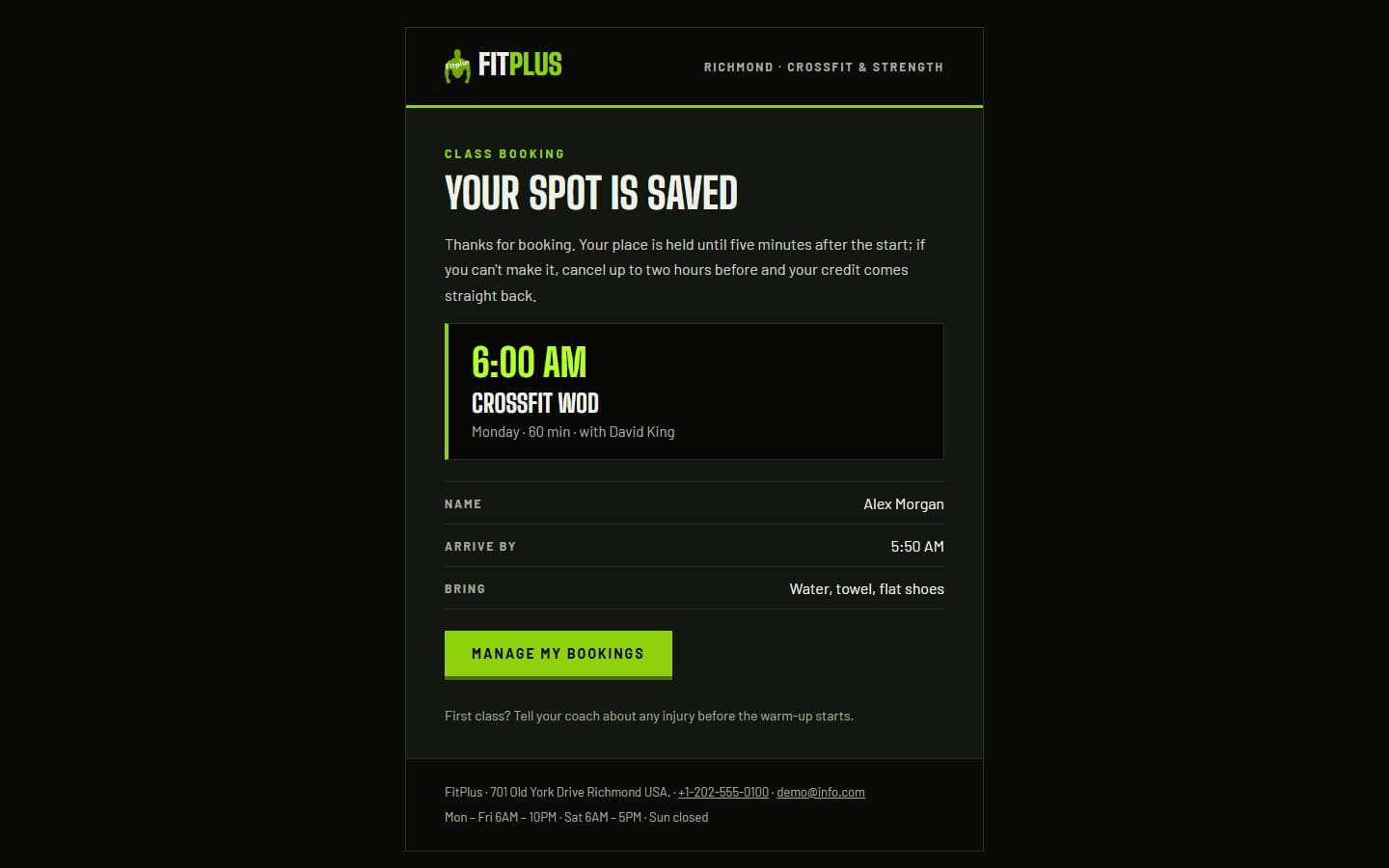FitPlus Email: class booking page
