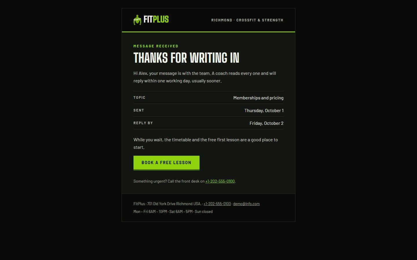 FitPlus Email: contact reply page